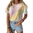 thumbnail image 3 of Camiseta de mujer Cuello redondo Manga corta Tie-dye Printed Casual Top, Caqui, XXL kenally  AP000470-27, 3 of 7