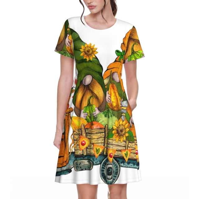Balery Thanksgiving Truck Vestidos sueltos de manga corta para mujer, vestidos de verano 2025, vestidos casuales de corte A con vuelo.