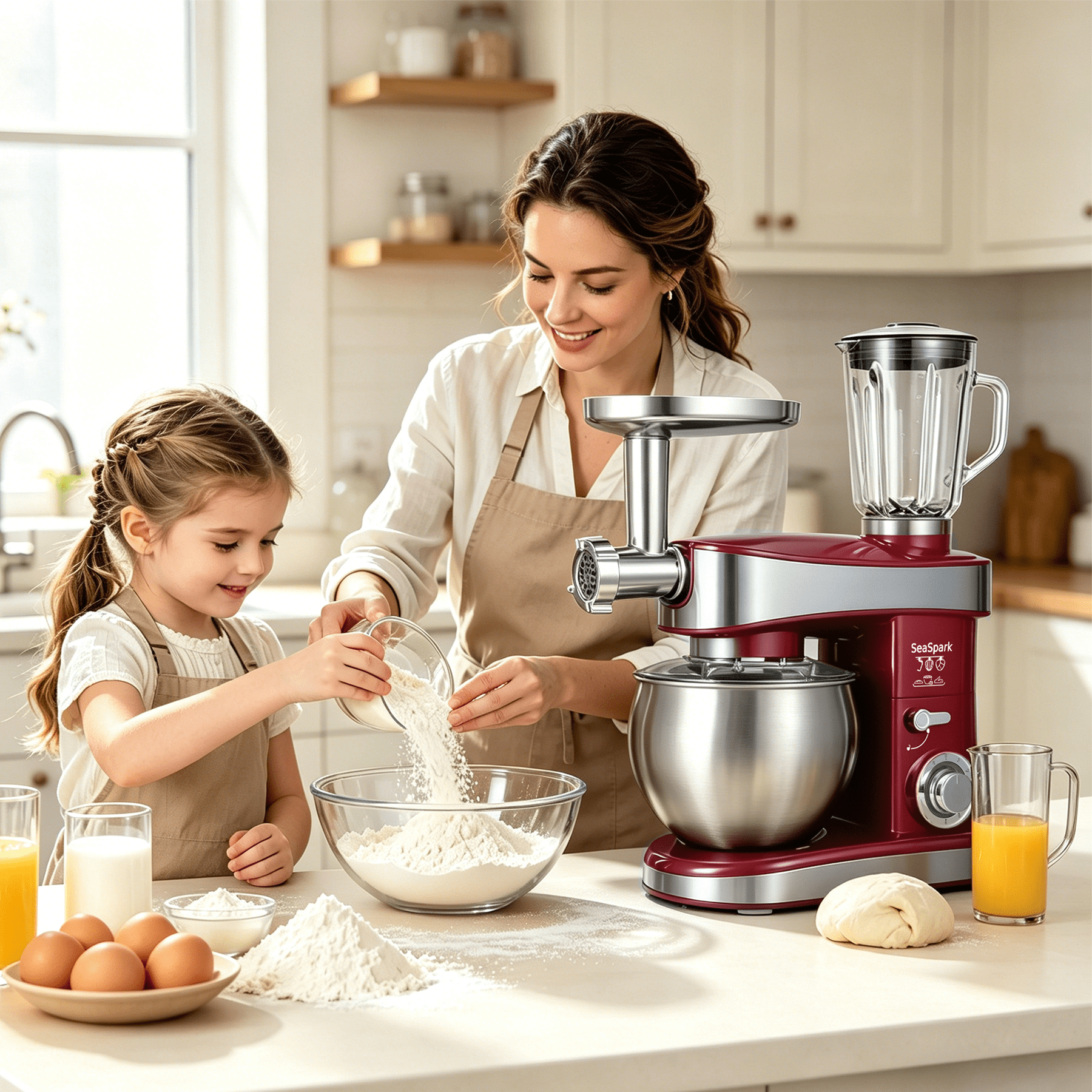 SeaSpark 6-in-1 Multifunctional Stand Mixer 6.3 QT 6-Speed Electric Kitchen Mixer with Bowl, Juicer & Meat Grinder, 400W Red
