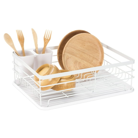 Navaris Dish Drainer Rack - Plate, Cutlery, Pots and Pans Drying Rack for Kitchen - Modern Retro Design Drip Tray with Metal Rack - White