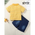 thumbnail image 2 of CARETOO Toddler Boy Clothes 2T 3T 4T 5T Casual Stripe Cotton Fabric Polo Shirt Denim Shorts 2pcs Set, 2 of 12