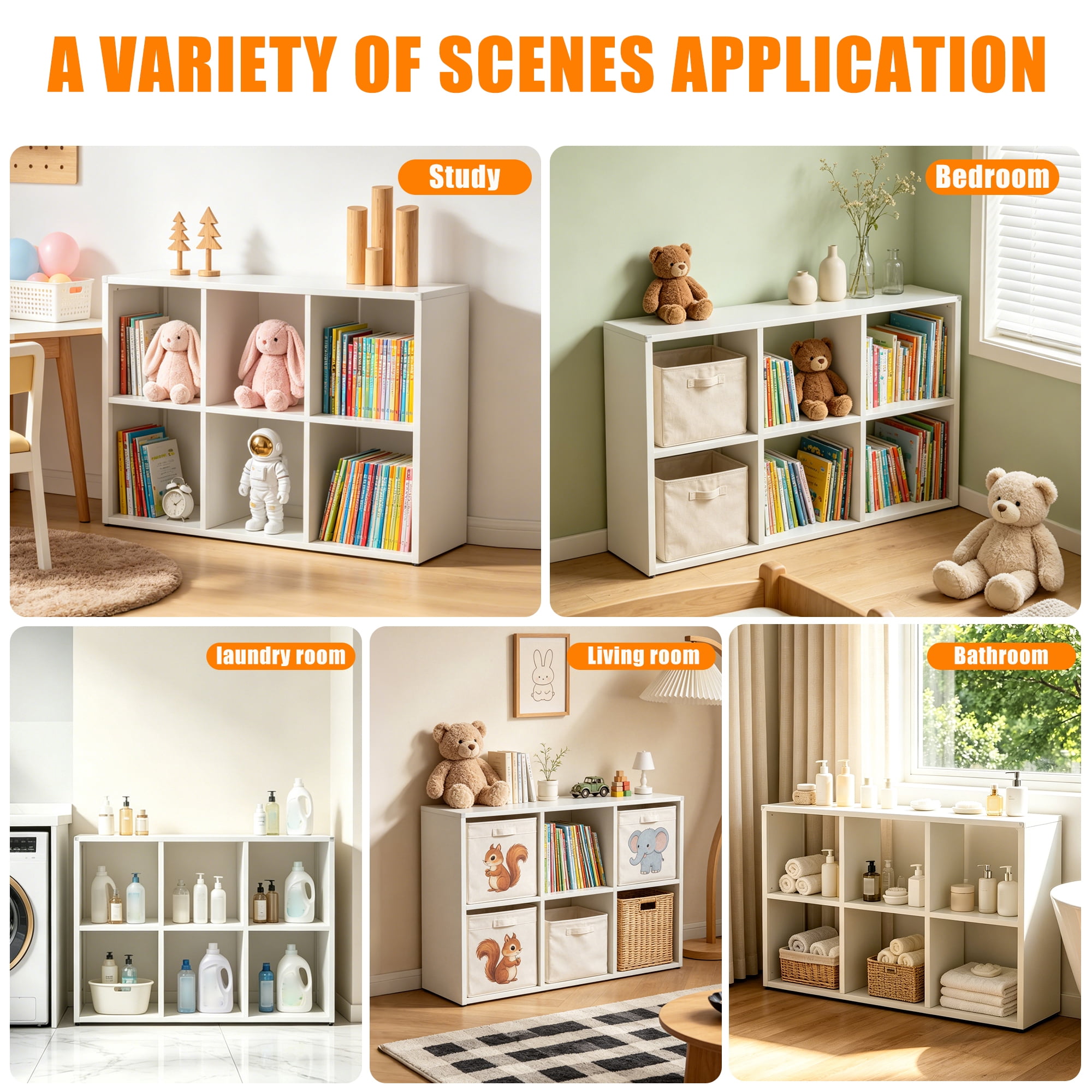 6-Cube Metal Bookshelf, White Open Display Storage Organizer, Tool-Free Assembly Shelf for Living Room Bedroom Home Office