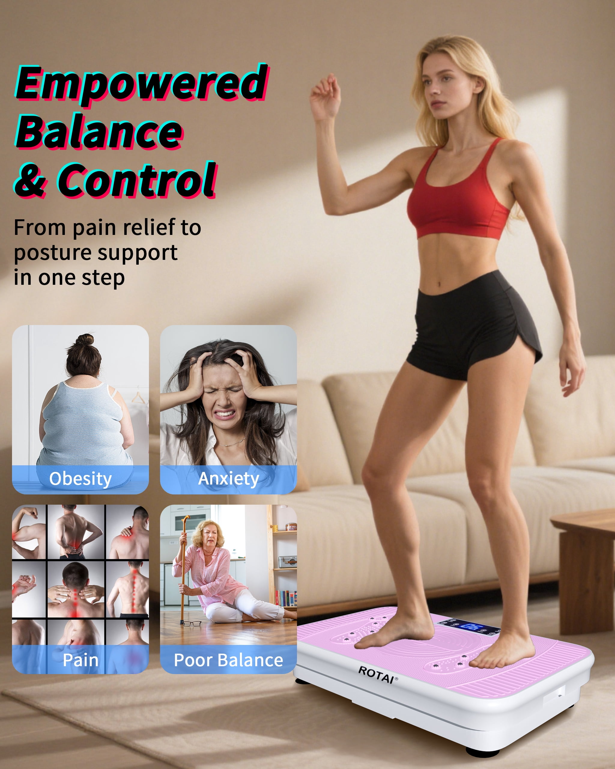 Vibration Plate Exercise Machine for Lymphatic Drainage Massager & Weight Loss,400 lbs Capacity Whole Body Vibrating Shake Plate Workout ，Helps Burn Fat , with Resistance Bands & Remote ，Pink