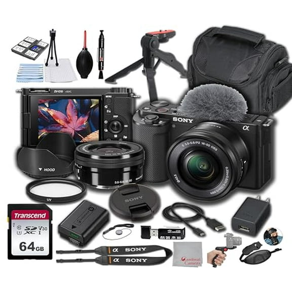 Sony ZV-E10 Mirrorless Camera with 16-50mm Lens 64GB Memory, Case. Filter, Hood, Grip, & More-Pro Bundle