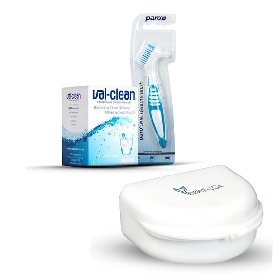 Paro Clinic Denture Brush, Val Clean Denture Cleaner 12 Packet for 1 Year and Dental Retainer Case, Denture Night Guard, Perfect Combo