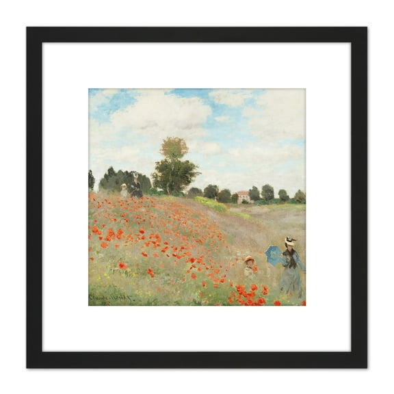 Claude Monet Poppy Field With People 8X8 Inch Square Wooden Framed Wall Art Print Picture with Mount