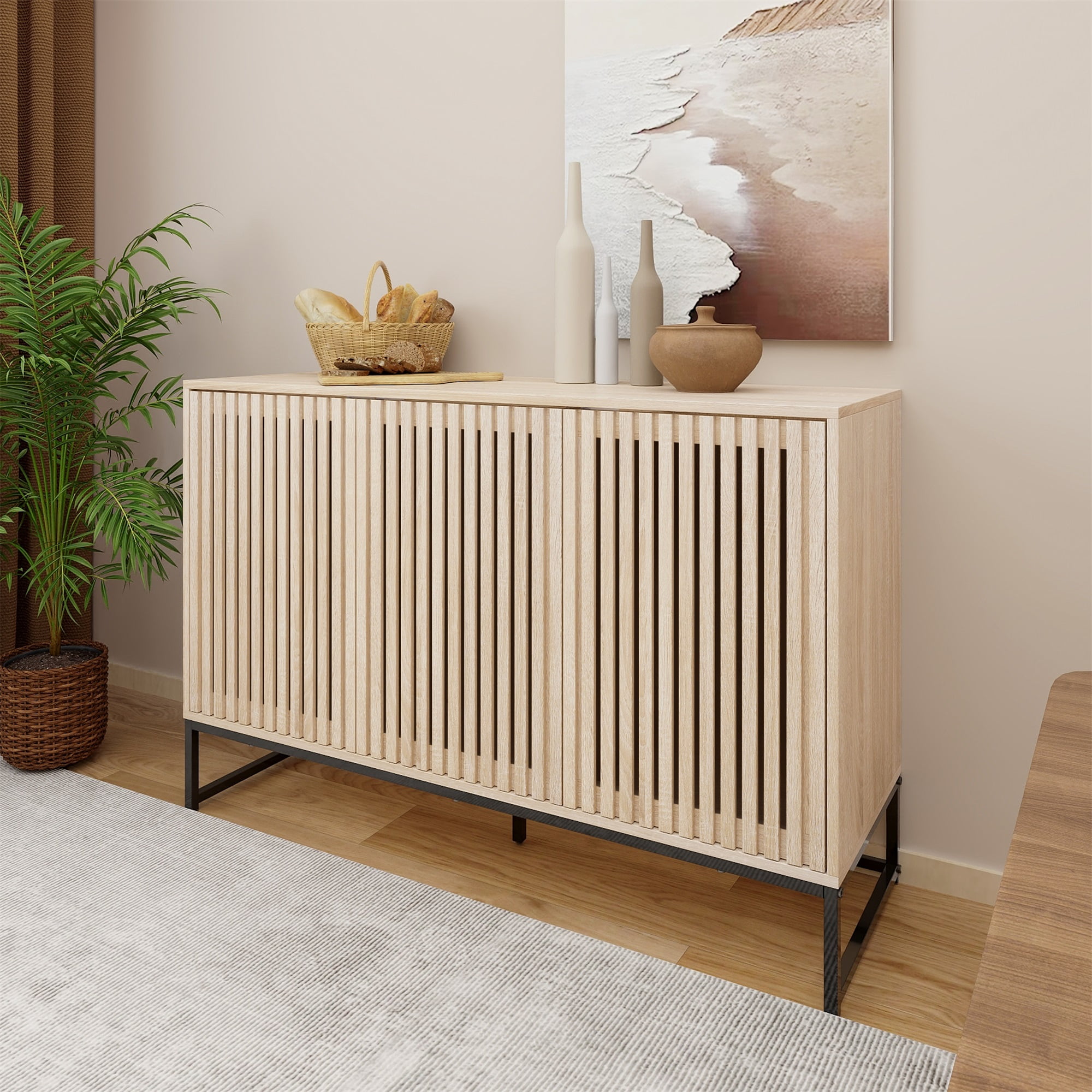 Kadyn Kitchen Storage Cabinet, Floor Storage Cabinet with 1 Adjustable Inner Shelves and 3 Door, Sideboard Buffet Cabinet for Living Room, Natural Kadyn Kitchen Storage Cabinet, Floor Storage Cabinet with 1 Adjustable Inner Shelves and 3 Door, Sideboard Buffet Cabinet for Living Room, Natural