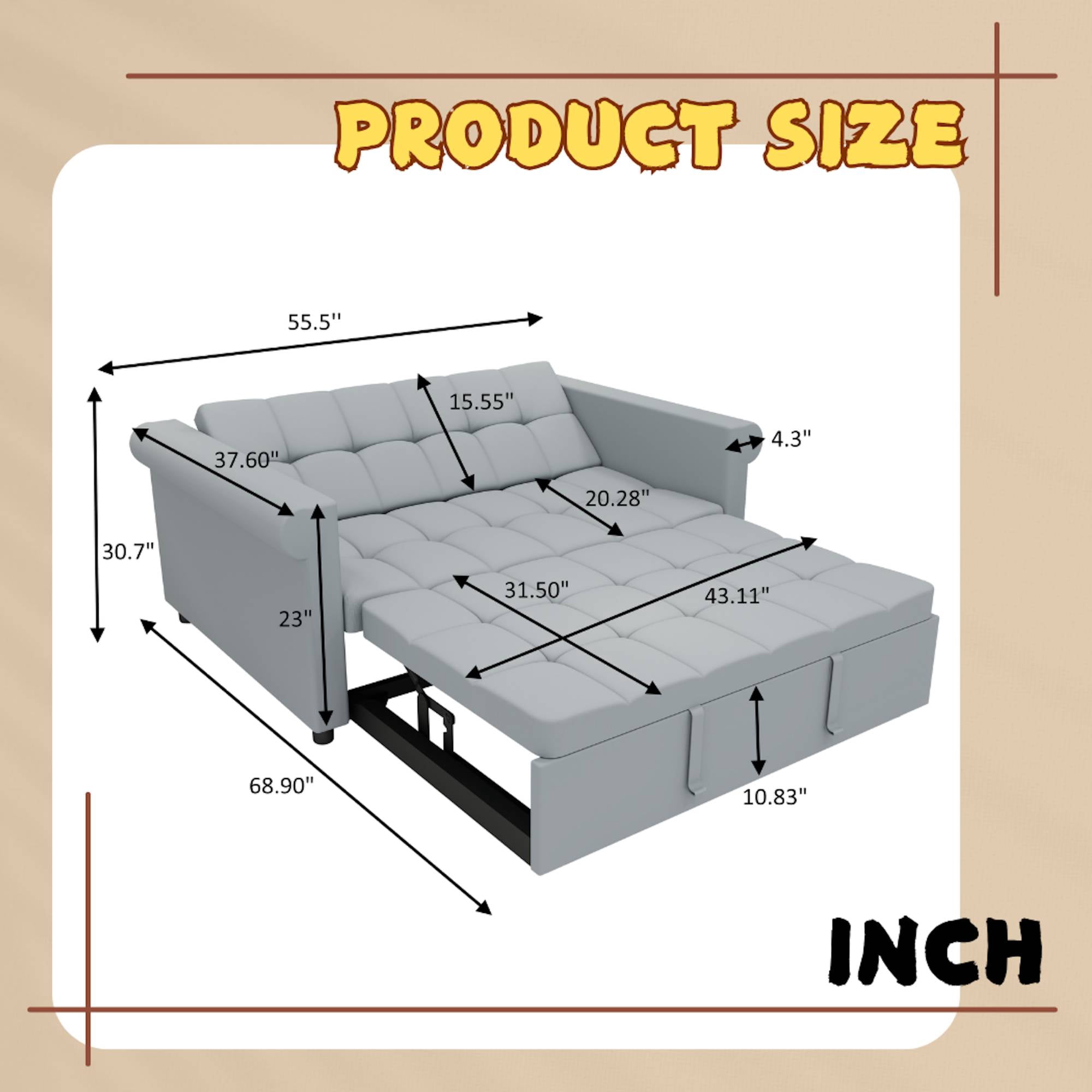 Modern Pull Out Couch Bed, Convertible Sleeper Sofa Bed with Rolled Arms Loveseat Couch for Living Room, Bedroom, Grey