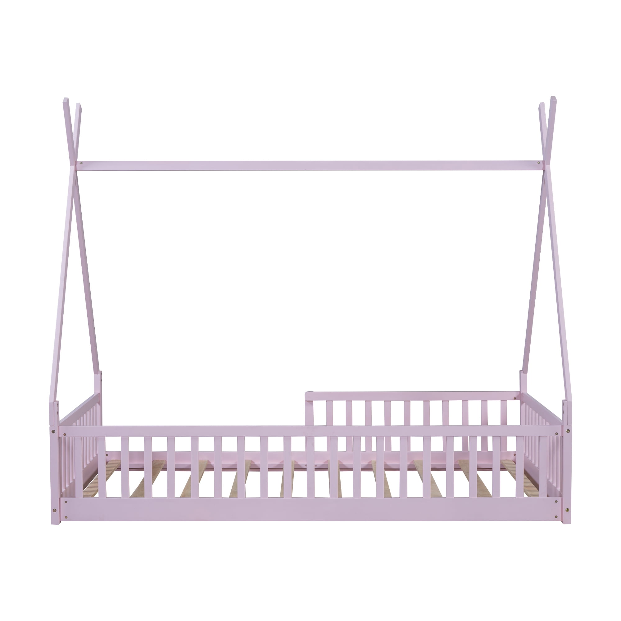 Harper & Bright Designs Floor Bed for Boys Girls, Twin Size Teepee Tent Beds, Montessori Floor Bed with Slats and Fence Rails, Wood House Bed Frame for Boys Girls, Pink