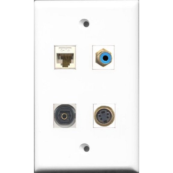 RiteAV 1 Port RCA Blue and 1 Port S-Video and 1 Port Toslink and 1 Port Cat6 Ethernet White Wall Plate