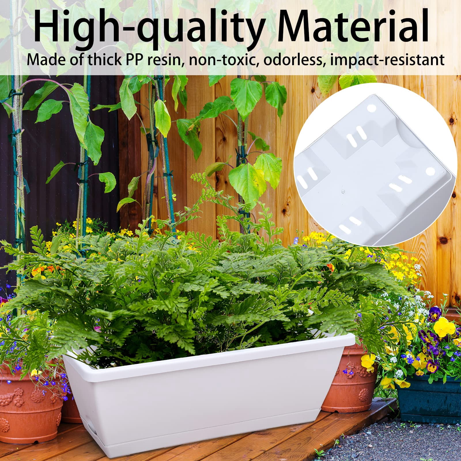 Window Box Planter White 16.6 x 7 x 5.9 inches Rectangular Plastic Pot with Saucer for Indoor Outdoor Garden