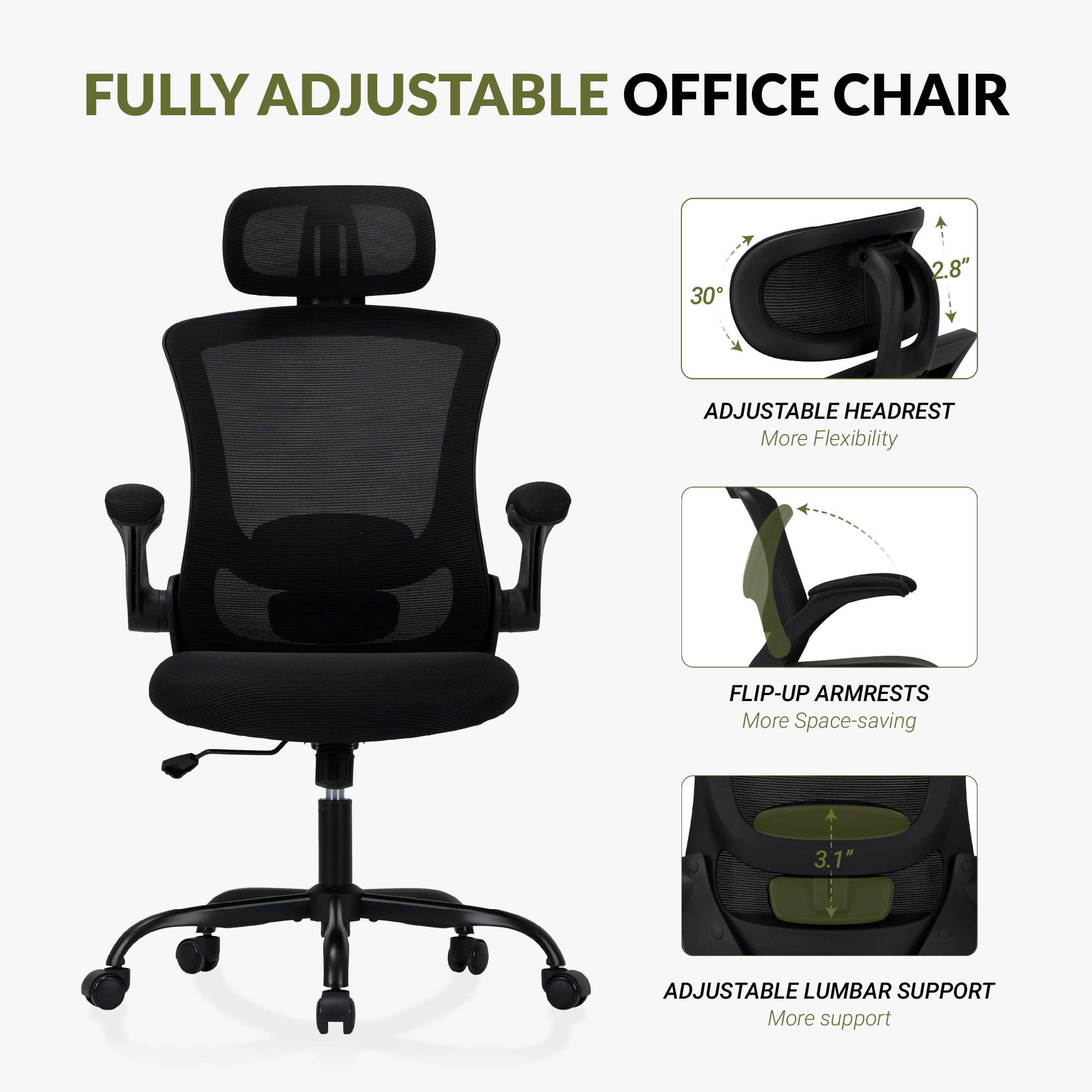 AFO High Back Ergonomic Office Chair, Adjustable Lumbar Support & Headrest Mesh Desk Chair with Flip-Up Arms, 275lbs Heavy Duty Metal Base Computer Task Chair for Home Office, Black