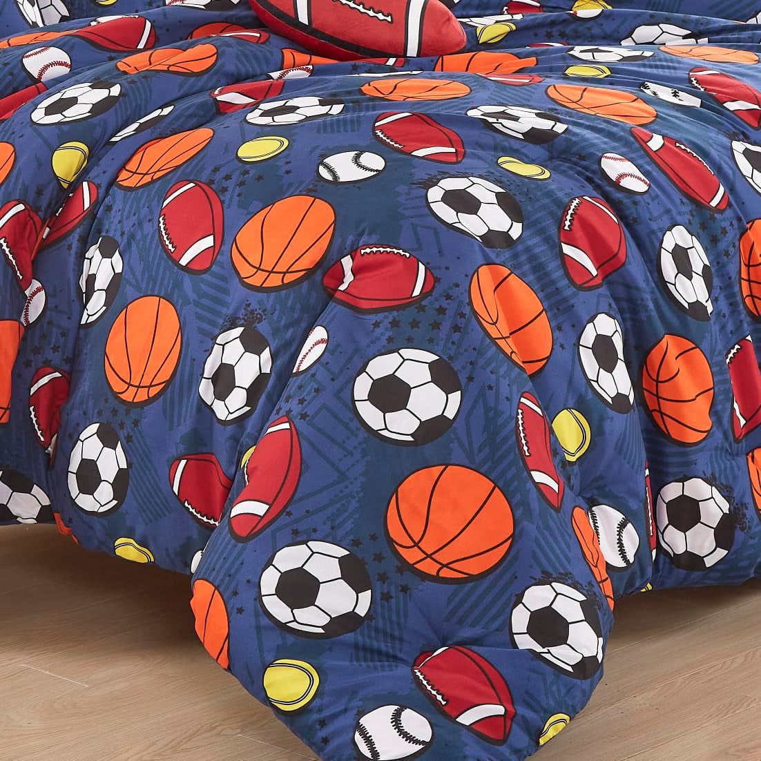 Chezmoi Collection 3-Piece Kids Sports Balls Bedding Comforter Set Twin Size - Soft Microfiber Navy Blue Gray Orange White Printed Football Soccer Basketball Baseball Tennis Sports
