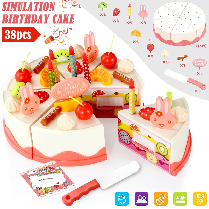 38pcs//Lot Birthday Cake Fine Pretend Play Fashion For Kids Play Food Toy Pink