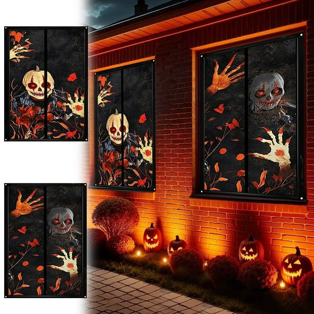 Wmhnj Cortina de tela de fondo para ventana de Halloween, diseño de terror, para decoracin de fiestas en interiores y exteriores, paquete de 2, tela colgante con silueta espeluznante para