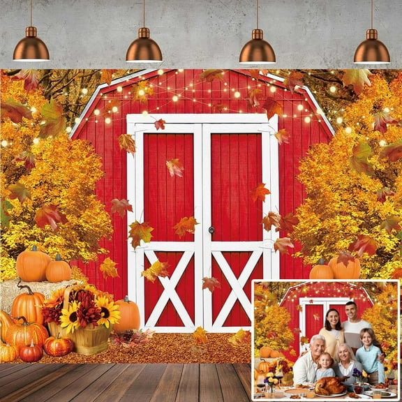 Fall Barn Pretty Backdrop Autumn Thanksgiving Pumpkin Harvest Barn Background Maple Leaves Rustic Wooden Door Backdrops Fall Birthday Party Supplies Photo Booth Prop