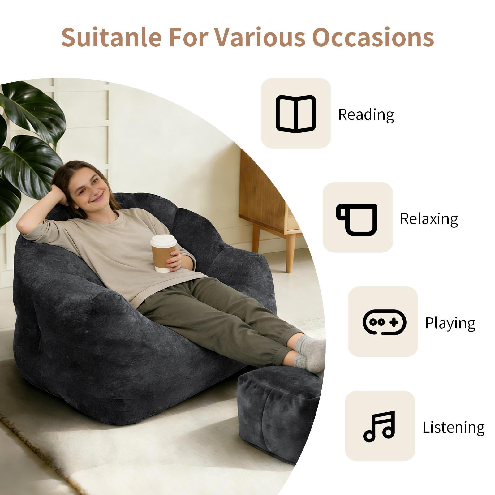Hommoo Bean bag chair, Armrest Bean Bag Sofa Chair Filled with High-density Foam, Comfortable Lazy Sofa Chair, Adult Bean Bag Chair for Home, Black