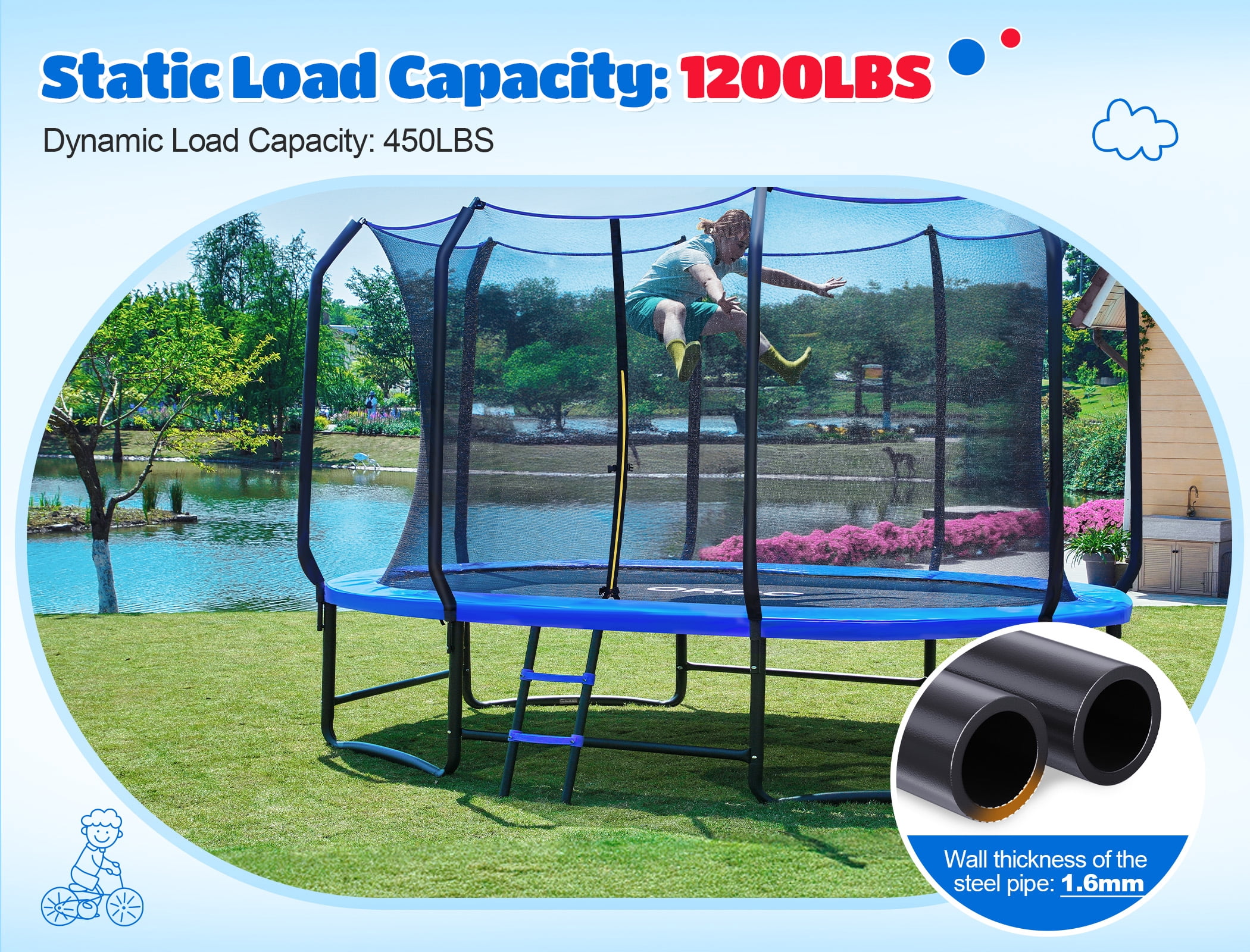 ORCC 1200LBS Capacity Oval 10X16FT Heavy-Duty Yard Trampoline for Kids & Adults with Safety Enclosure, 1.6mm Thickened Steel Frame & Reinforced Legs, Outdoor Gymnastics Trampoline