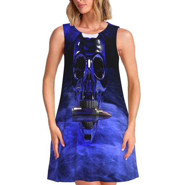 Balery Steel Skull Vestidos de verano para mujer con estampado: vestido holgado sin mangas, vestido playero informal y cómodo para días calurosos.