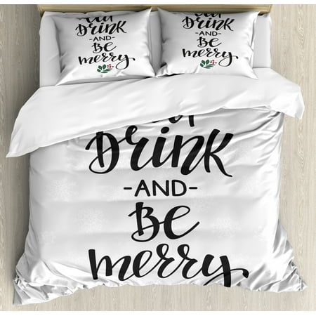 Eat Drink and Be Merry Duvet Cover Set Queen Size, New Year Concept with Best Wish Message Mistletoe, Decorative 3 Piece Bedding Set with 2 Pillow Shams, Charcoal Grey Green Pink, by