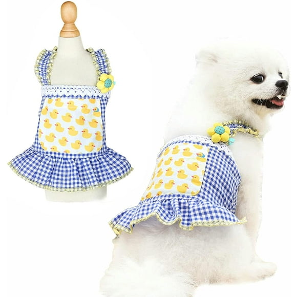 Pet dog dress cute lattice strawberry duck pattern cat and dog dress spring and summer clothing suitable for puppy cat clothing suitable for girl puppy pet wedding holiday travel blue L size
