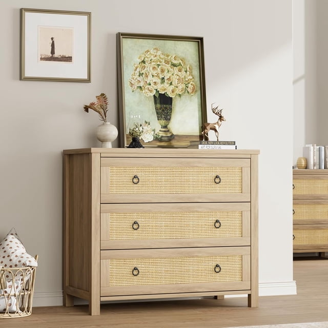 Eastvita Commode Moderne en Rotin pour Chambre, Haute Commode avec 3 Tiroirs pour Garde-Robe/idéal pour Chambre/pouponnière//salon Rangement
