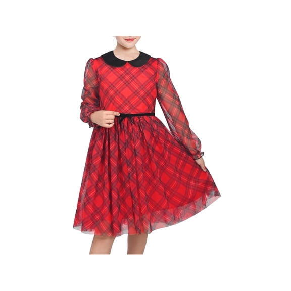 Sunny Fashion Girls Dress Plaid Tartan Collar Bow Belt Casual Festive Christmas Party Winter 6 Years