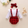 thumbnail image 7 of Babibeauty Infant Baby Girl Christmas Outfits Ruffle Long Sleeve Romper+Plaid Suspender Pants+Headband 3pcs Clothes Set, 7 of 7
