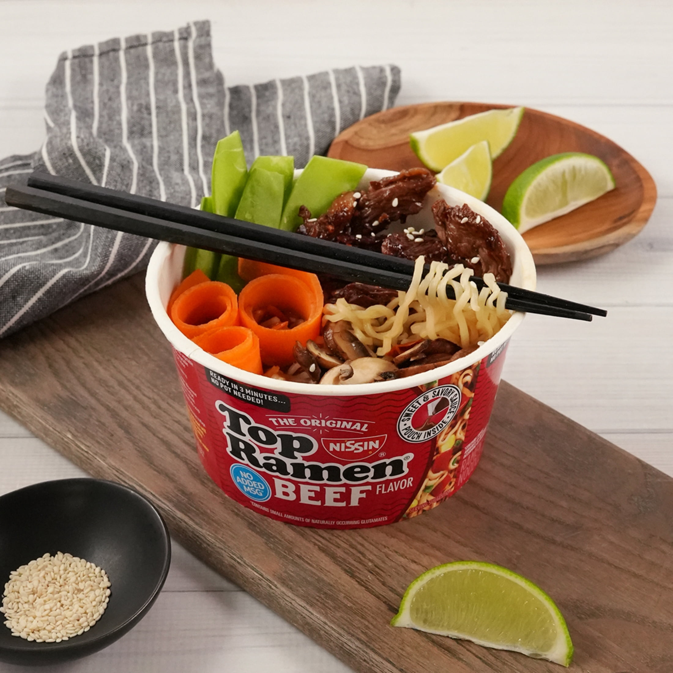 (6 pack) Nissin Foods Top Ramen The Original Ramen Noodle Soup, Beef Flavor, 3.28 oz Bowl, Shelf-Stable