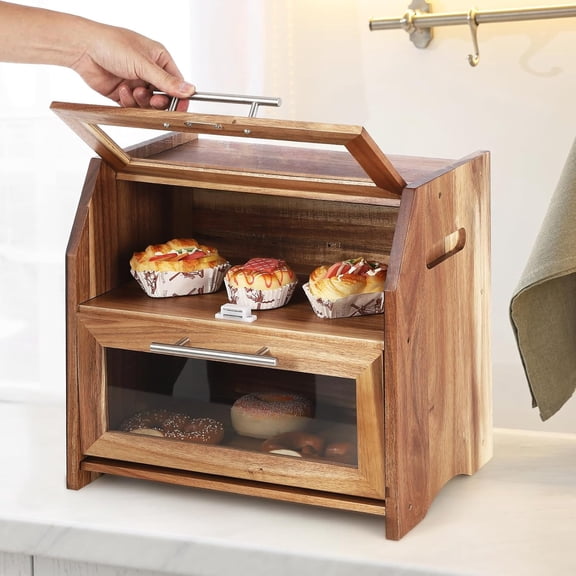 M optimized 2 Layer Bread Box, Large Bread Bin with Clear Door Panels, Air Vents, Farmhouse Acacia Wood Bread Storage Container, Kitchen Countertop Bread Holder