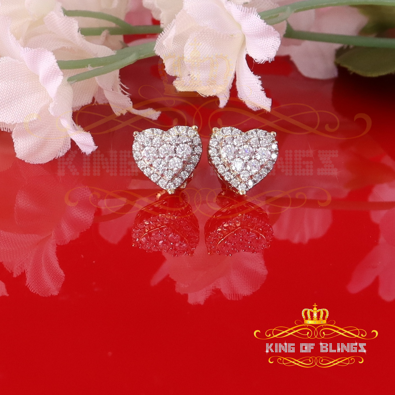 King of Bling's Men's/Womens 925 Silver Yellow 1.00ct VVS 'D' Moissanite 3D Heart Stud Earrings