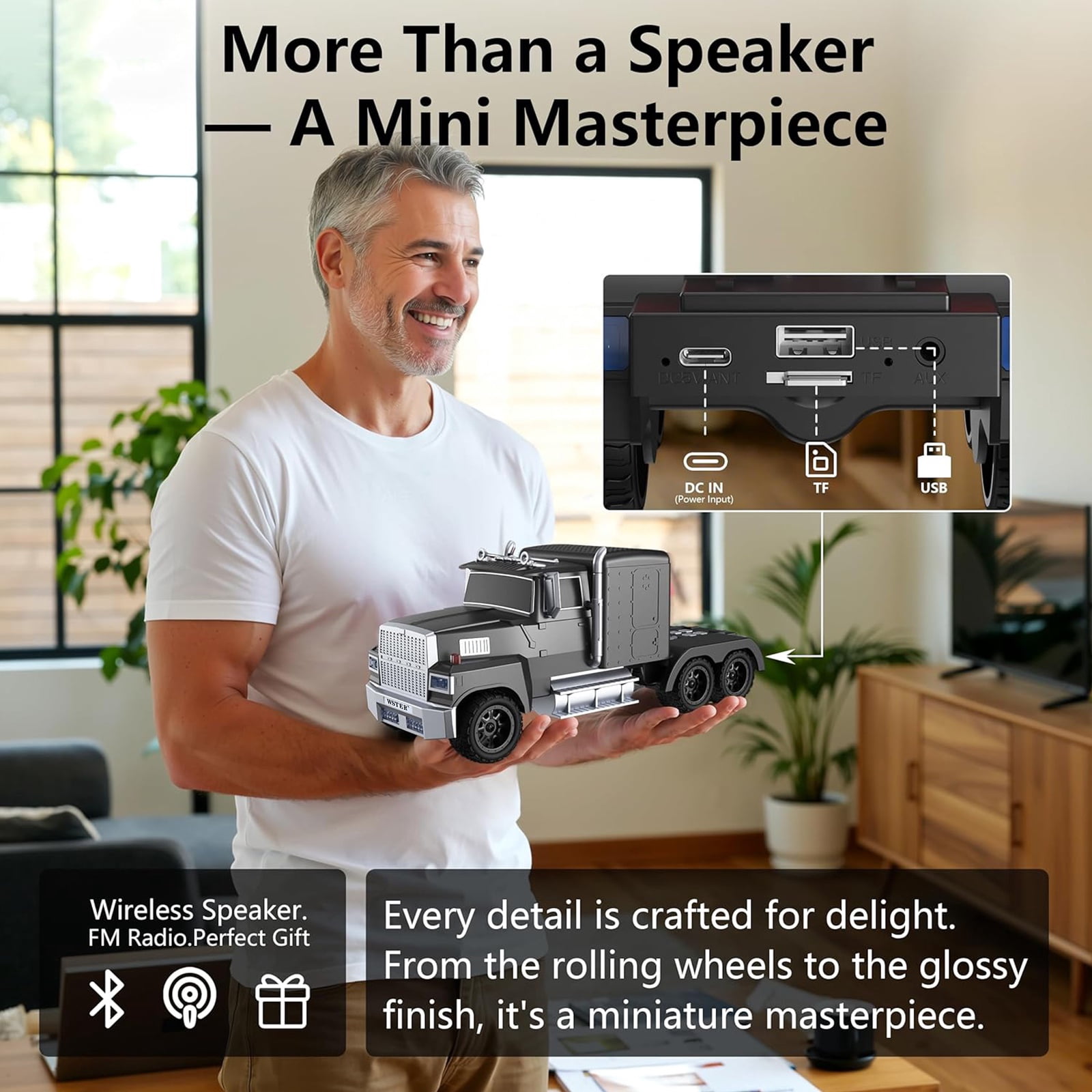 WSTER WS-570 Big Truck Model Bluetooth Speaker with USB TF Card AUX FM Radio TWS Pairing for Home OutdoorBeach Stereo Audio Subwoofers Birthday Gift(Black)
