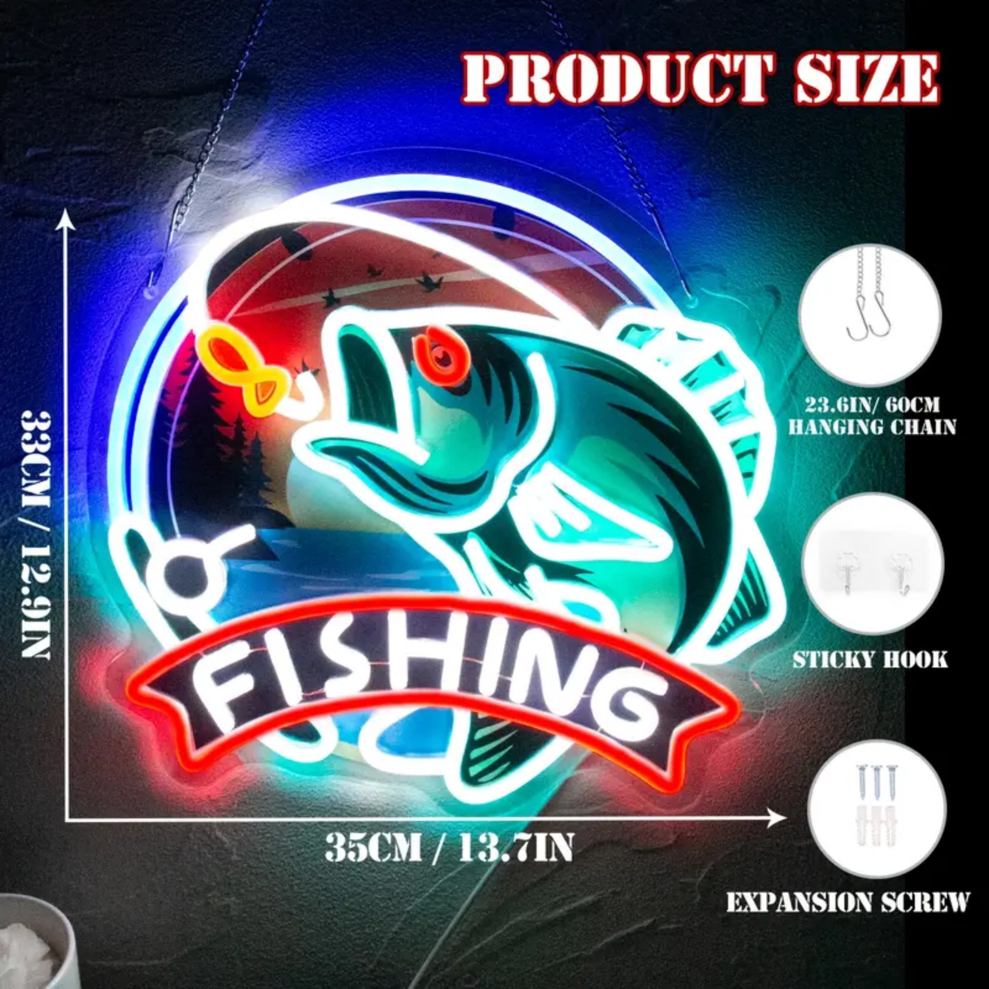 UPONRAY Fishing Neon Signs, 13.7"*12.9" Dimmable & USB-Powered LED Neon Light, Stylish Wall Decor for Home, Beach Bar, Natatorium, Swimming Pool, Fishing Pond