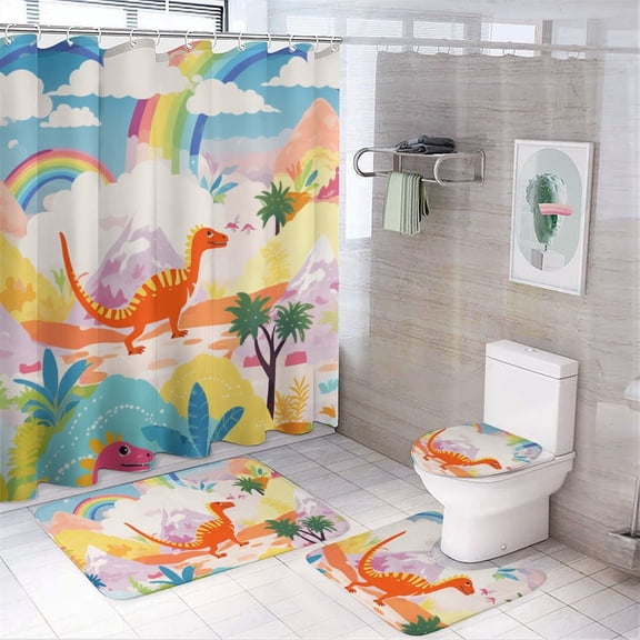 Dinosaur 4PCS Shower Curtain Sets with Rugs with Non-Slip Bath Mat Toilet Rug，72" X 72"