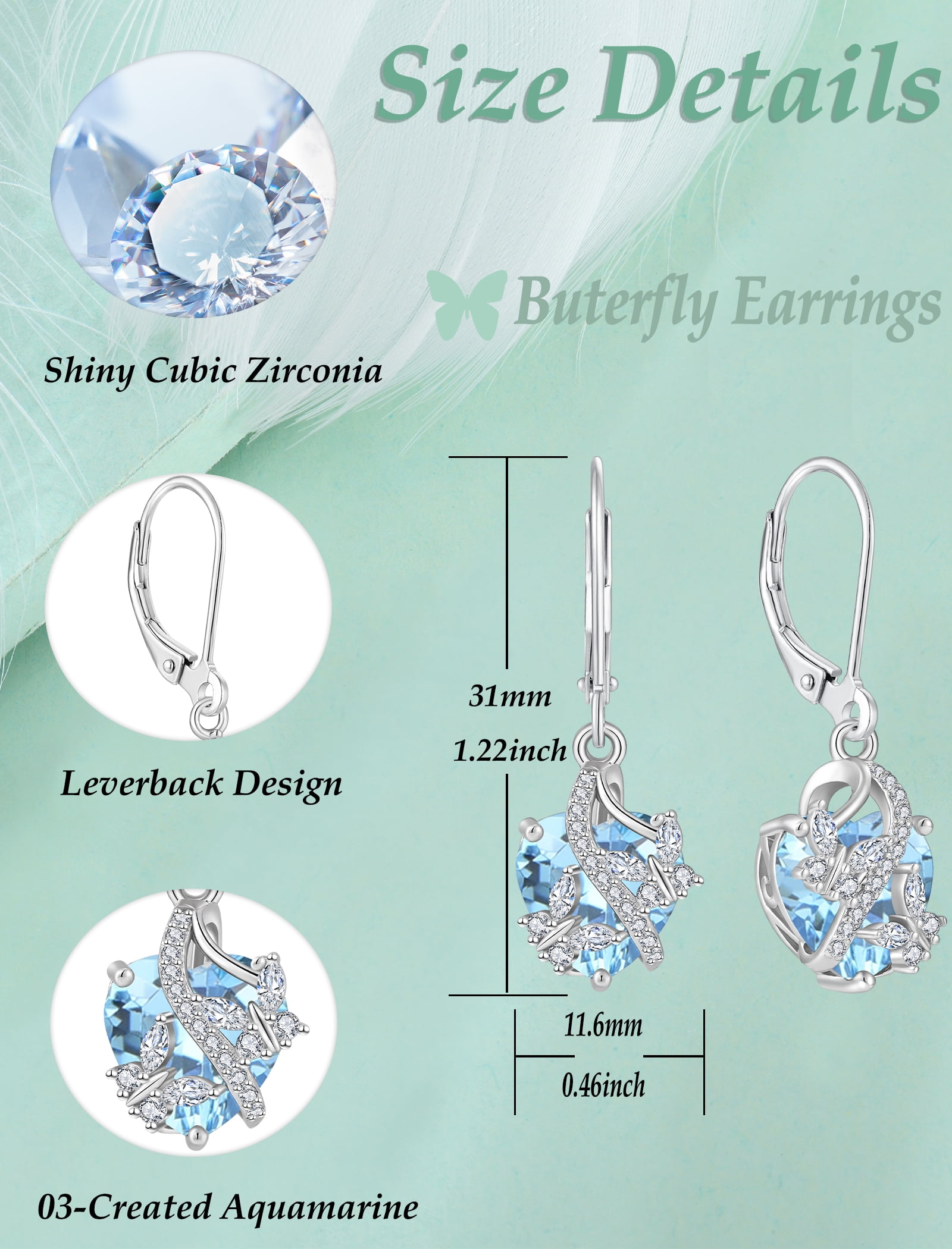 VESITIM 925 Sterling Silver Butterfly Dangle Earrings for Women March Birthstone Aquamarine Butterfly Earrings Jewelry Gift