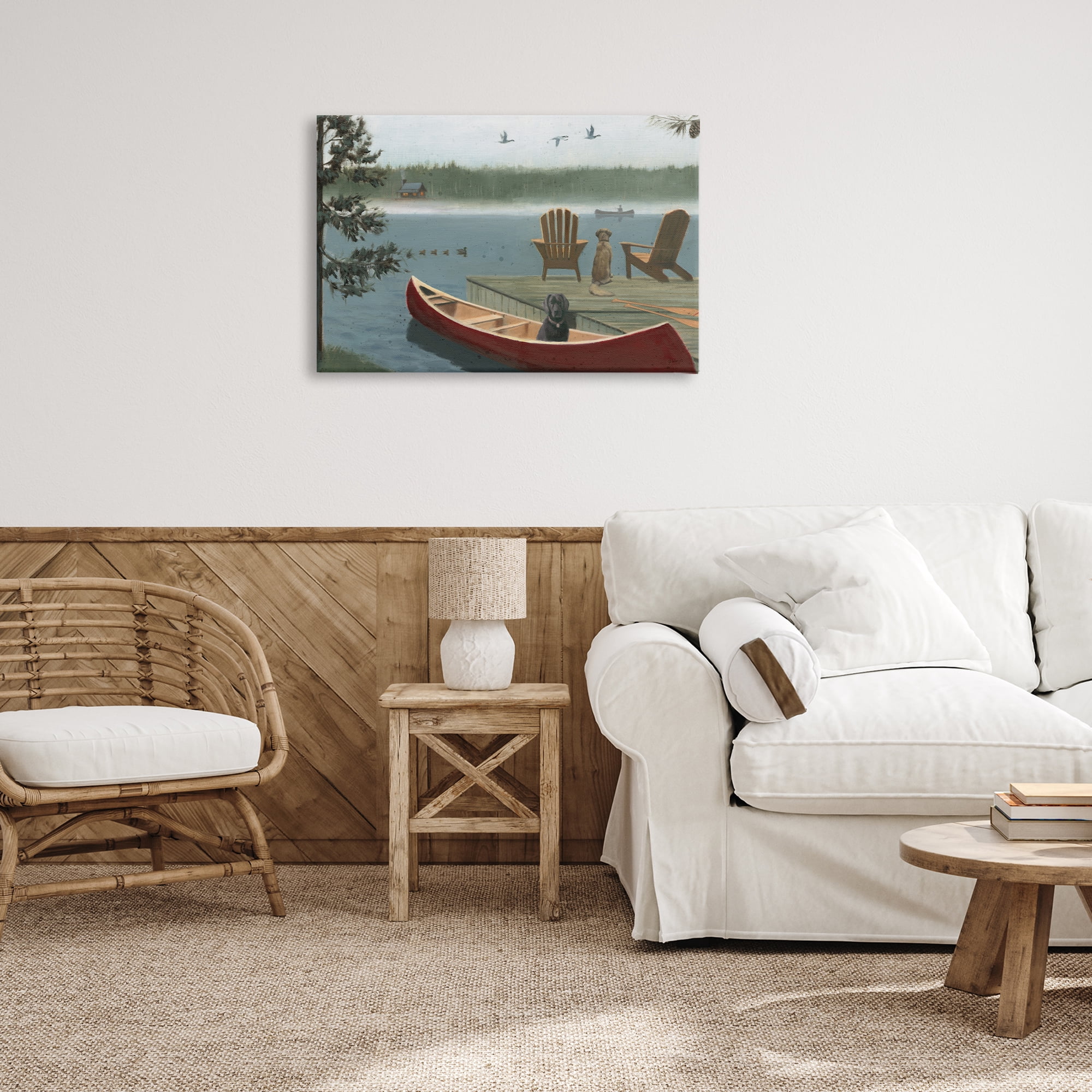 Stupell Industries Dogs on Lake Dock Landscape & Nature Painting Wrapped Canvas Art Print Wall Art, 30 x 20