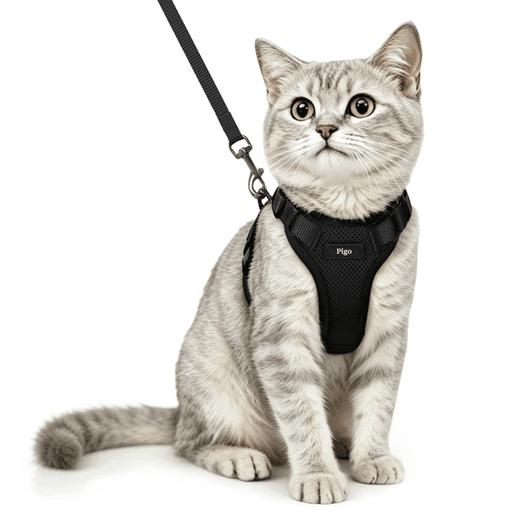 Pigo Cat Harness and Leash for Walking, Escape Proof Soft Adjustable Vest Harnesses for Cats, Easy Control Breathable Reflective Strips Jacket, Black