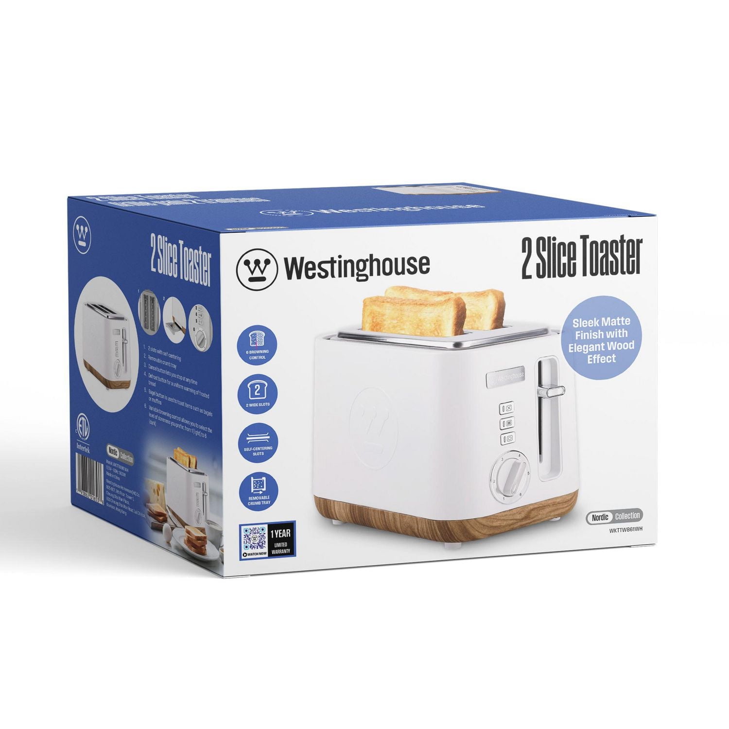Westinghouse 2 Slice Toaster - Nordic Collection, 2 Slices, 900W, 6 browning levels
