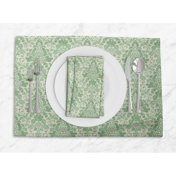 S4Sassy Green Leaves & Damask Floral Washable Printed Dining Reversible Tablemats With Napkins Set