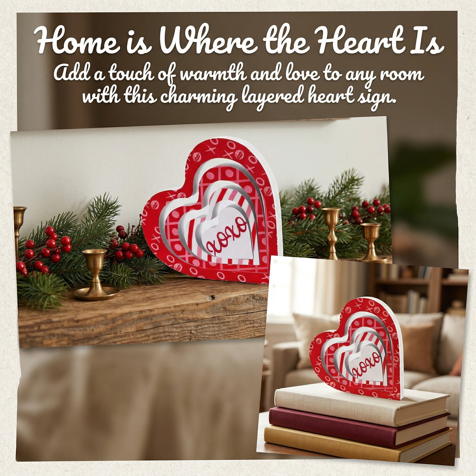 Unique Bargains Wooden Heart Table Decor Removable Stackable Heart Sign Style E 5.1in
