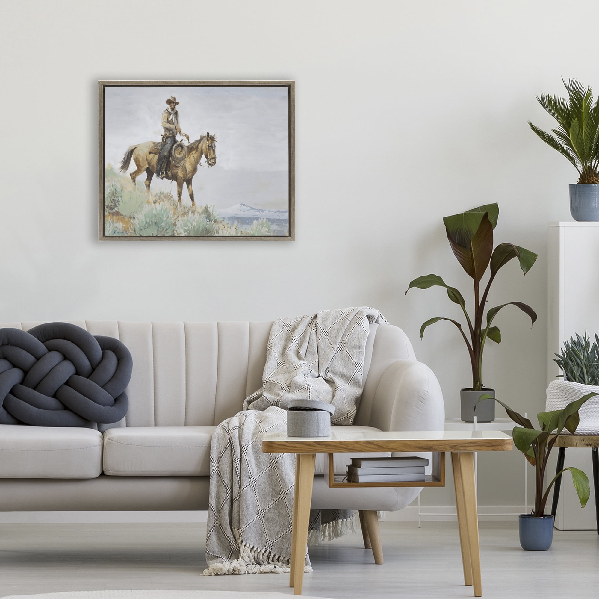 Stupell Industries Mounted Cowboy on Sagebrush Ridge Brown Framed Floater Canvas Wall Art, design by Arlington Prints
