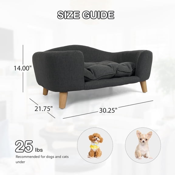 Elevated Dog Sofa Couch Bed for Small Dogs with Soft Cushion and Armrests - Dark Gray Modern Pet Furniture