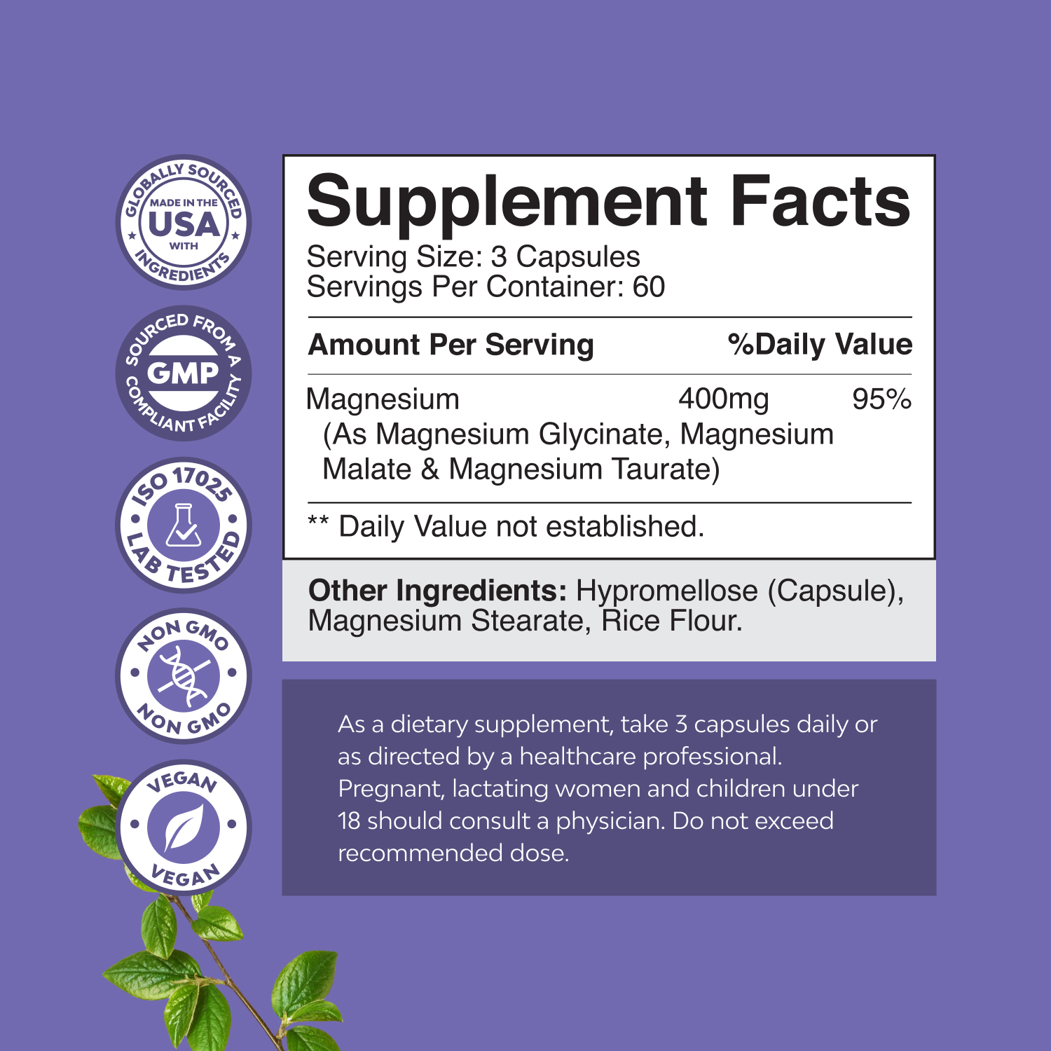 Natures Craft High Absorption 400mg Triple Magnesium Complex Supplement, 180 Capsules
