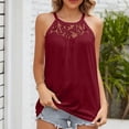 thumbnail image 2 of Top de mujer con cuello redondo, blusa sin mangas, camisa de busto fruncido, empalme de encaje, Top de color puro, rojo vino S, 2 of 8