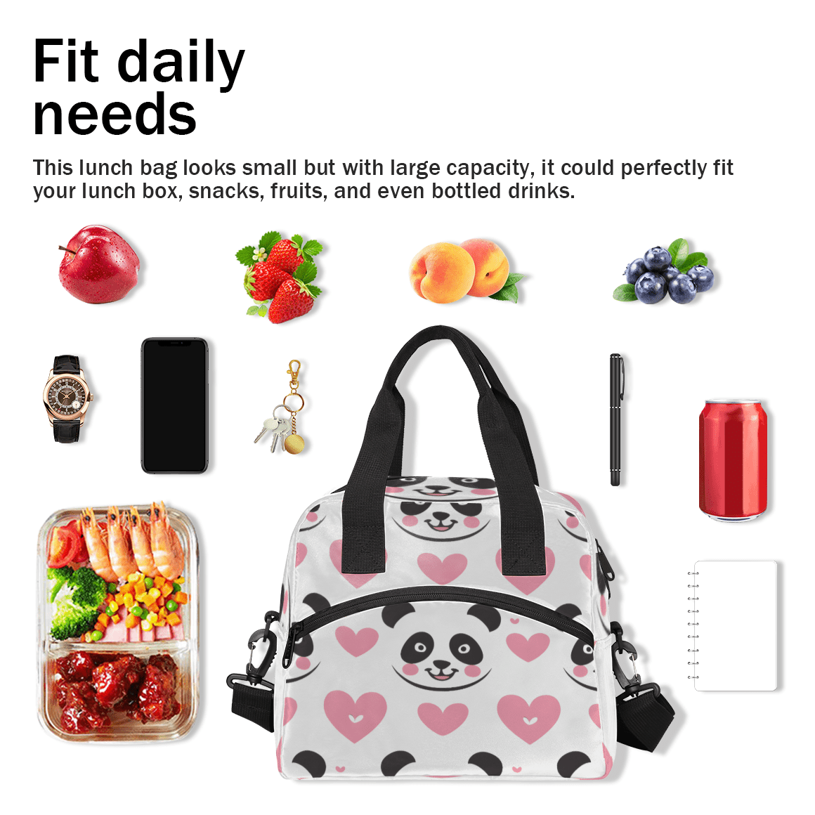 Herdesigns Cute Pandas Insulated Lunch Bag for Women Men Adults Large Reusable Lunch Box Pink Heart Leakproof Cooler Tote Bags with Adjustable Shoulder Strap