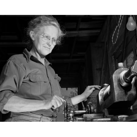 1942 Aircraft - A grandmother cutting gears in her garage for US Army aircraft equipment 1942 Poster Print by Stocktrek Images