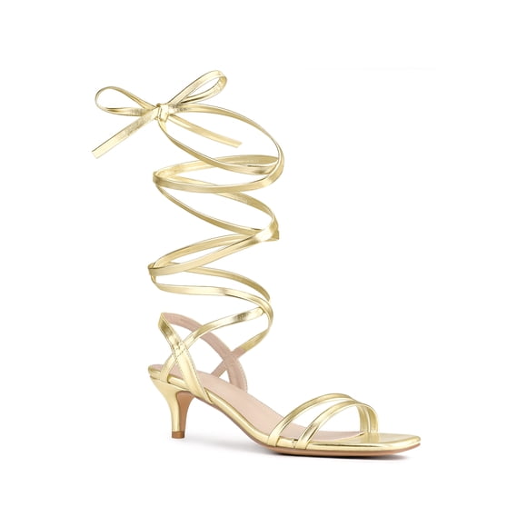 BLISSFUL STEP Women's Shoes Strappy Lace Up Kitten Heel Slingback Tie Up Open Toe Party Sandals Gold 9