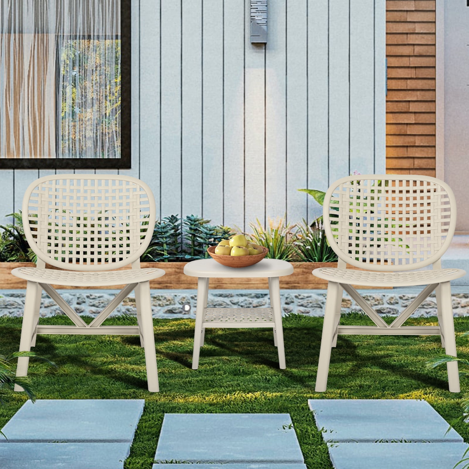Aimee Lii 3 Pieces Hollow Design Retro Patio Table Chair Set, Outdoor All Weather Conversation Bistro Set with Open Shelf, Lounge Chairs, Widened Seat for Balcony Garden Yard, White Aimee Lii 3 Pieces Hollow Design Retro Patio Table Chair Set, Outdoor All Weather Conversation Bistro Set with Open Shelf, Lounge Chairs, Widened Seat for Balcony Garden Yard, White