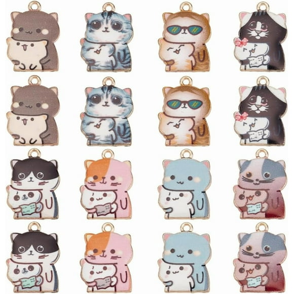 1 caja de 32 dijes de gato a granel, lindos dijes de gatito de aleación de esmalte, dijes de gatos pequeños para mascotas