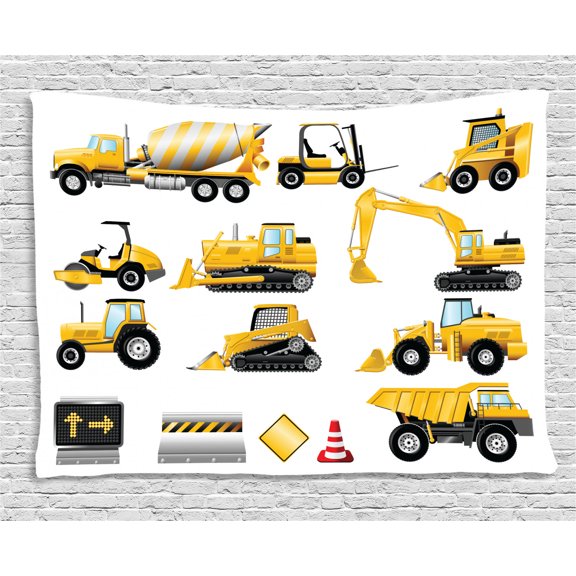 Boy's Tapestry, Yellow Colored Construction Site Machinery and Signs Lined up for Display, Wall Hanging for Bedroom Living Room Dorm Decor, 80W X 60L Inches, Earth Yellow Black Red, by Ambesonne